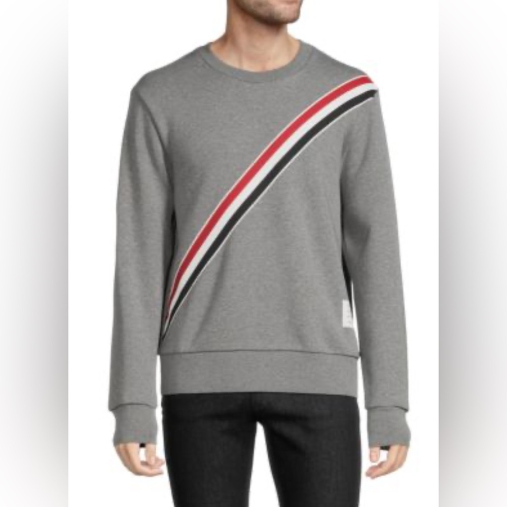 Thom Browne Gray Crewneck with Red and Blue Accents
